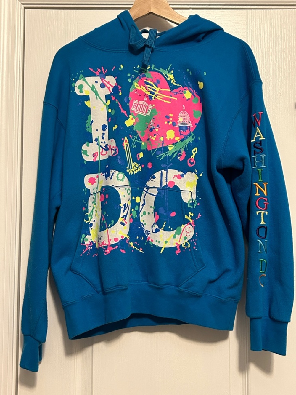 Teal 'I ♥ DC' Graphic Hoodie with Neon Paint Splatter & Embroidery on sleeve